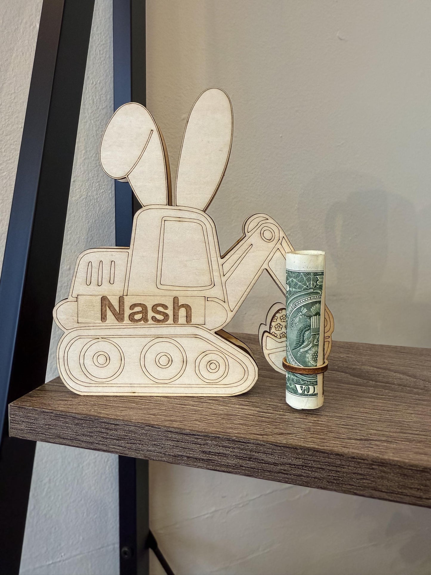 Personalized Easter Bunny Bulldozer/Excavator Money Holder