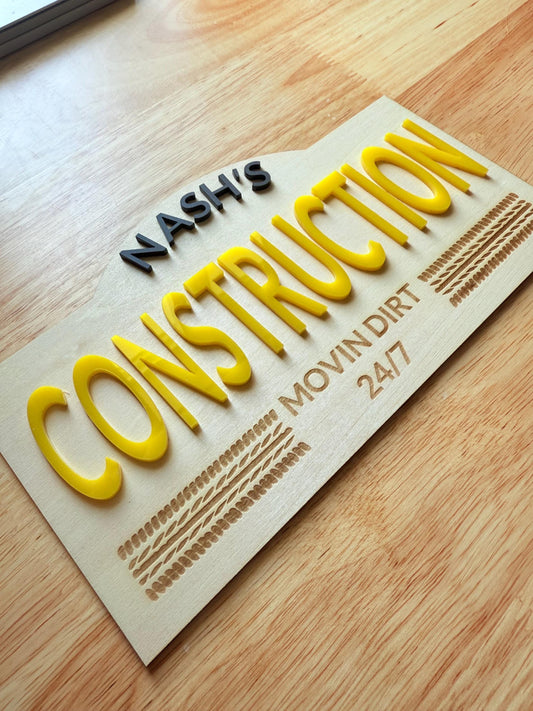 Custom Kids Construction Sign: 3D Laser Engraved Wood Decor