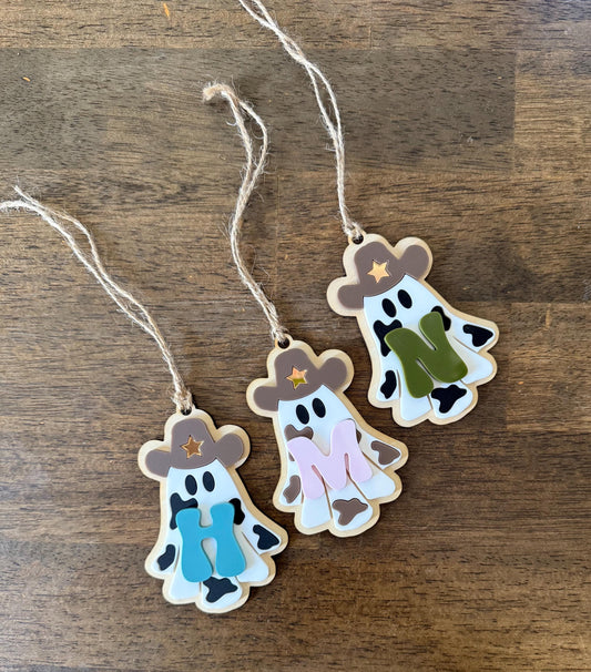 Personalized Cowprint Ghost Boo Basket Tag: Western Halloween Decor