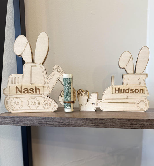Personalized Easter Bunny Bulldozer/Excavator Money Holder