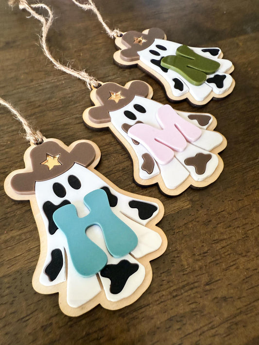 Personalized Cowprint Ghost Boo Basket Tag: Western Halloween Decor